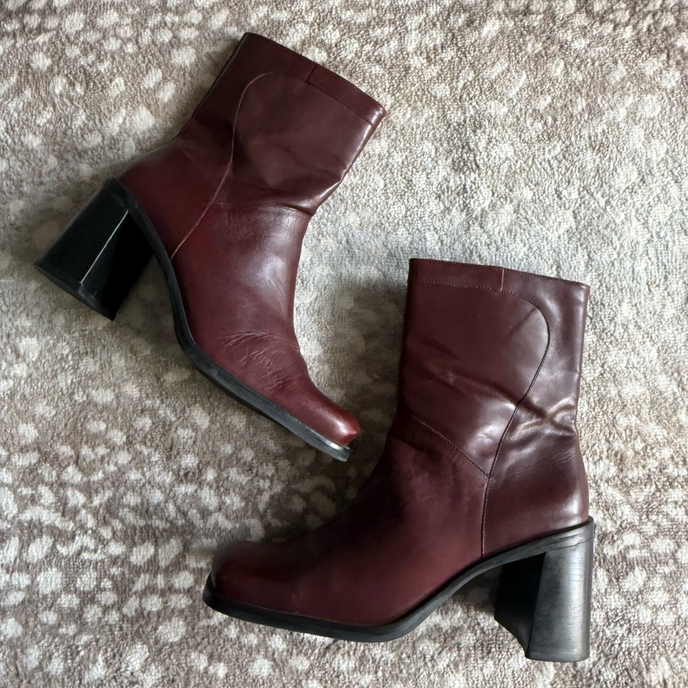 Vintage Burgundy Leather Block Heel Ankle Boots